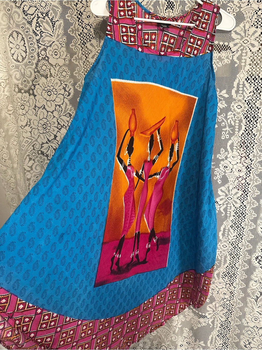 Bright Blue Printed A-Line Dress with Tribal Panel